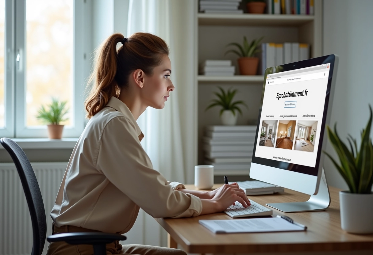 Jeune femme concentrée sur le site Eprobatiment dans son bureau