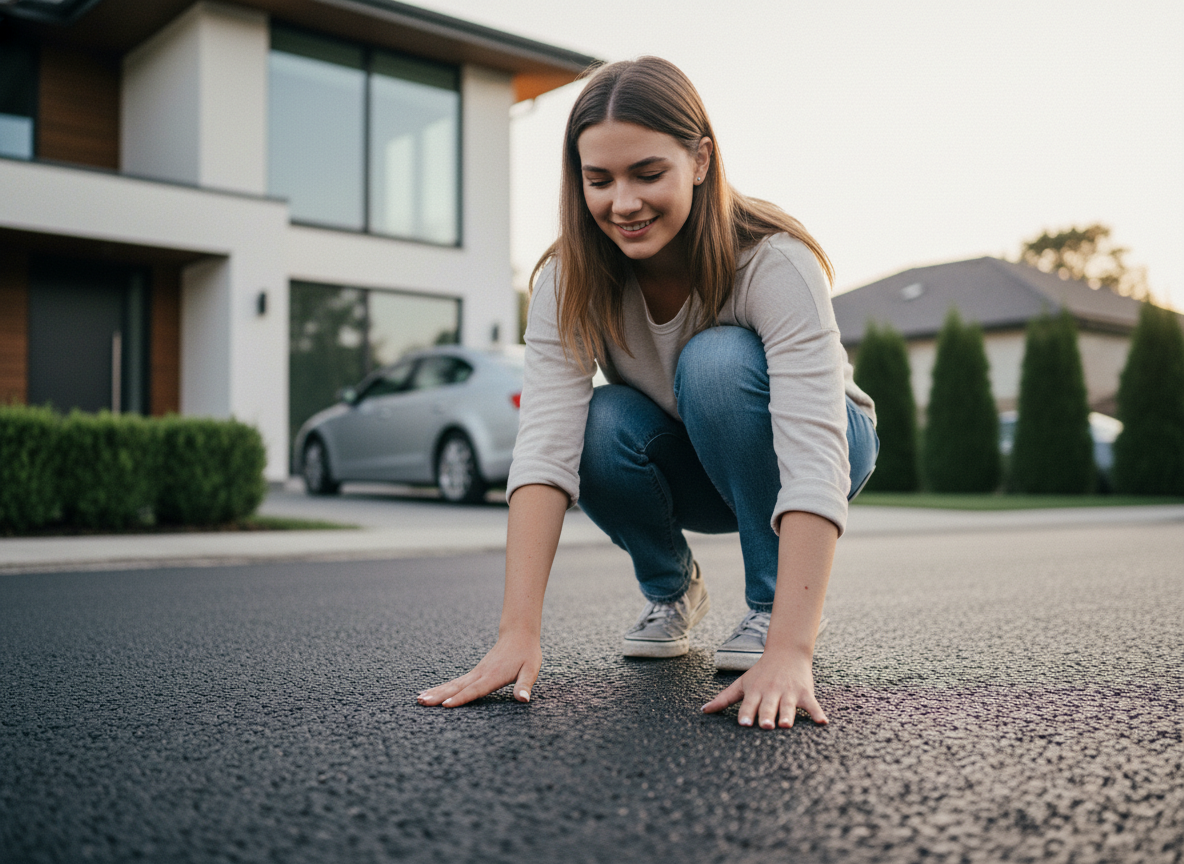 Jeune femme inspectant sa nouvelle voie en bitume