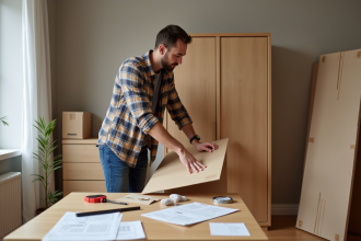 Jeune homme assemble un meuble dans un appartement moderne