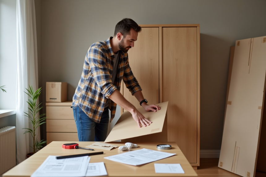 Jeune homme assemble un meuble dans un appartement moderne