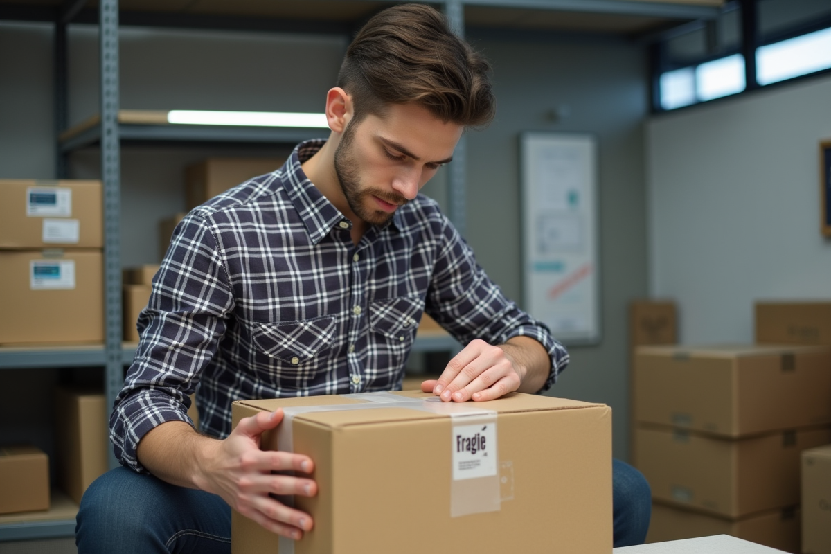 Jeune homme scellant un colis fragile dans un bureau moderne