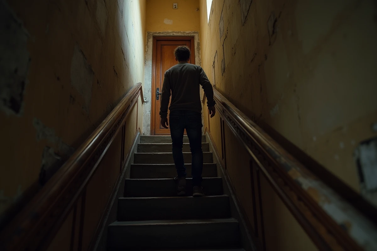 Jeune homme montant un escalier étroit et sombre
