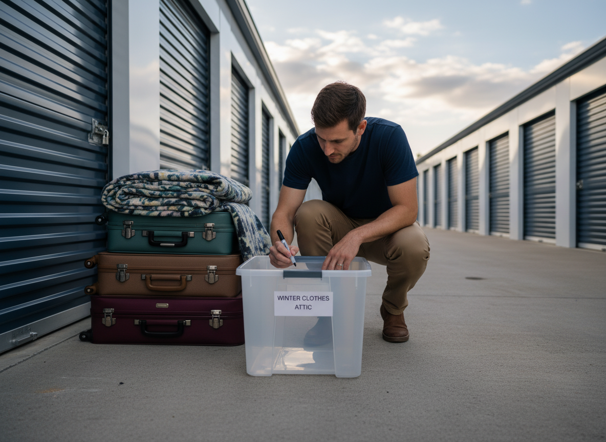 Jeune homme étiquetant un conteneur de stockage extérieur