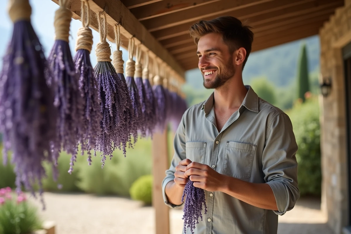 Jeune homme attachant des lavandes à l