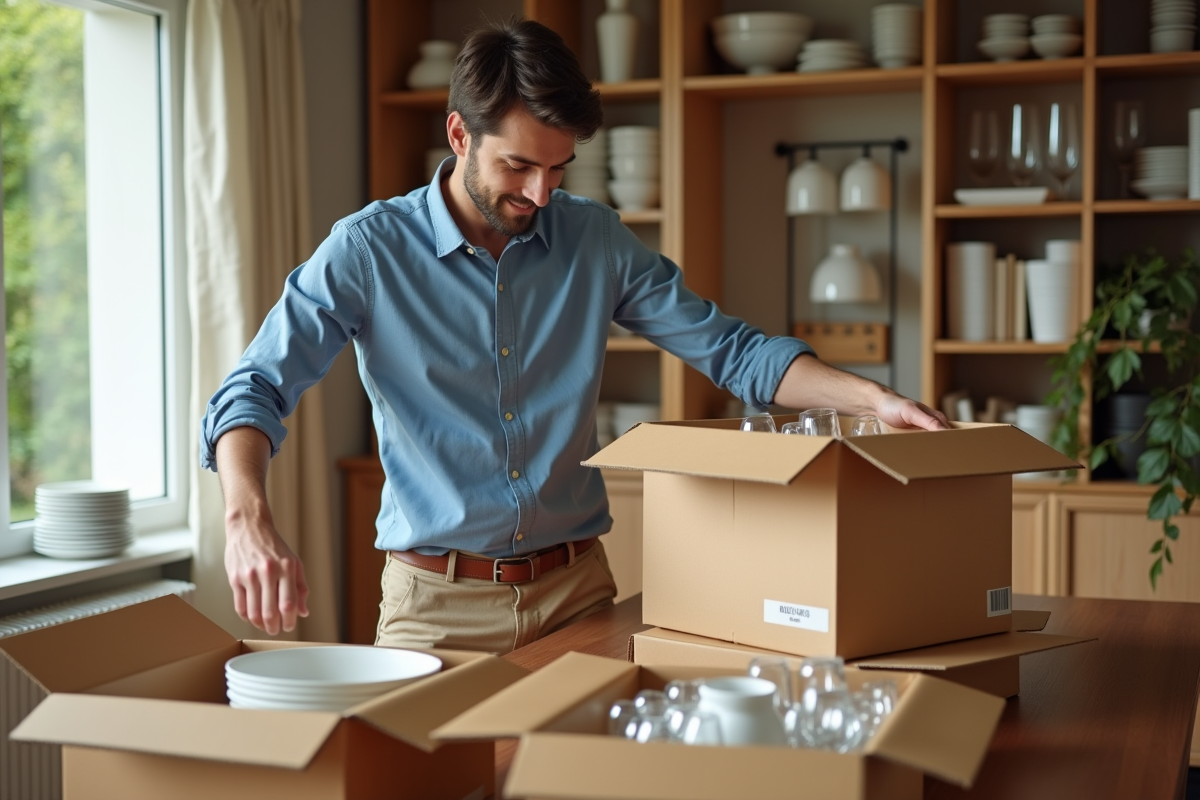 Jeune homme rangeant des bols dans des cartons dans la salle à manger