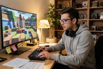 Jeune homme concentré sur un bureau gaming en train de consulter des recettes de craft Minecraft manuscrites devant un écran affichant un monde en blocs colorés