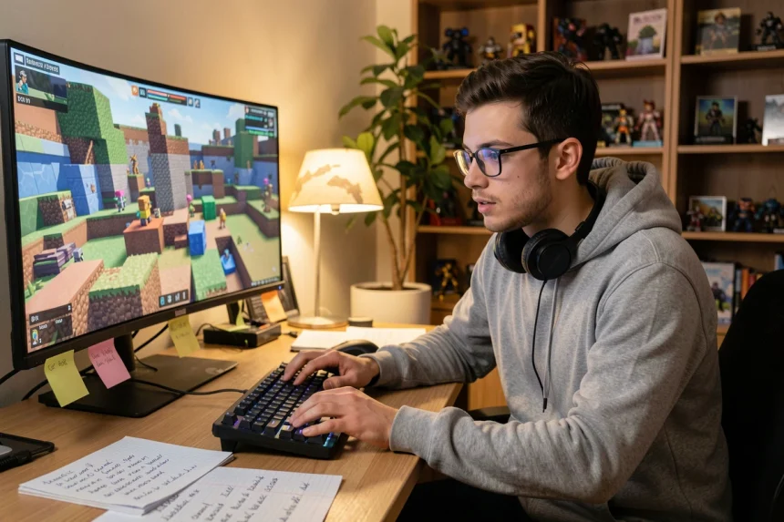 Jeune homme concentré sur un bureau gaming en train de consulter des recettes de craft Minecraft manuscrites devant un écran affichant un monde en blocs colorés