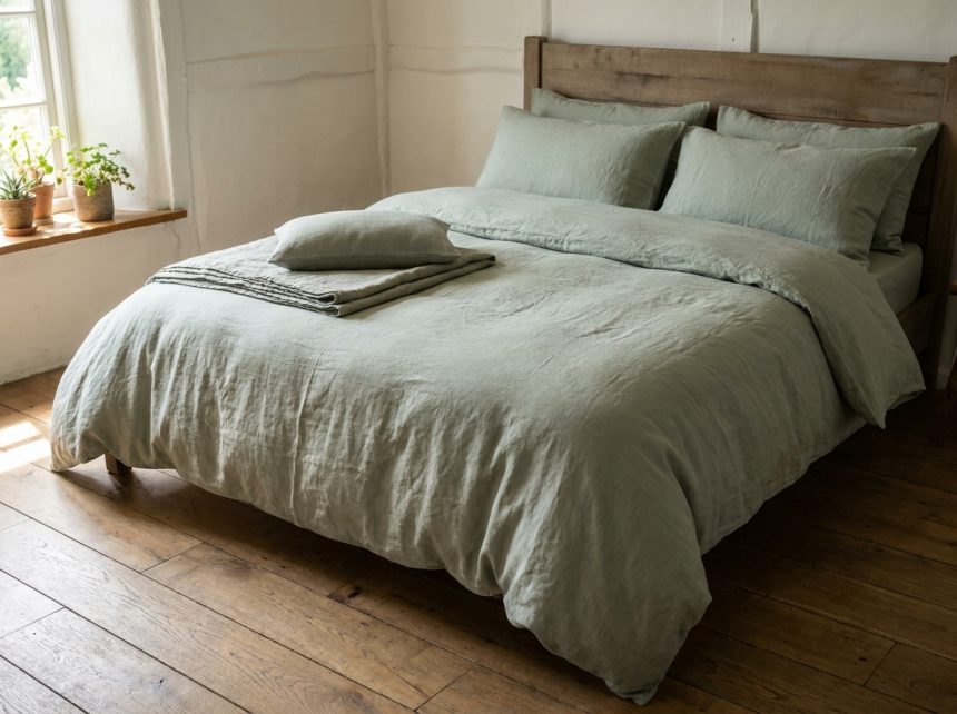 Lit fait avec du linge de lit en lin lavé français vert sauge, texture naturelle et froissée, ambiance chambre épurée