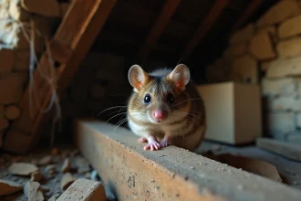 Loir (Glis glis) perché sur une poutre en bois dans un grenier de vieille maison française