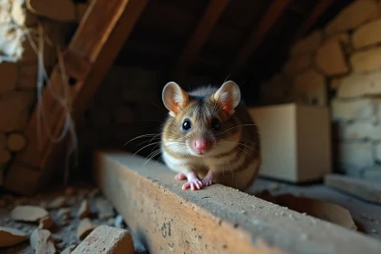 Loir (Glis glis) perché sur une poutre en bois dans un grenier de vieille maison française