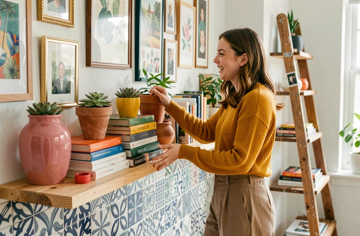 Décoratrice de Ludoandeco arrangeant des objets colorés et des plantes sur une étagère dans un appartement éclectique et vivant