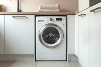 Machine à laver blanche encastrée sous un meuble Ikea dans une buanderie moderne avec carrelage en céramique