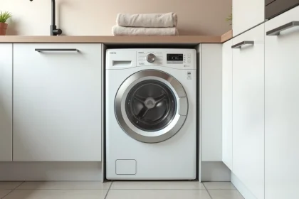 Machine à laver blanche encastrée sous un meuble Ikea dans une buanderie moderne avec carrelage en céramique