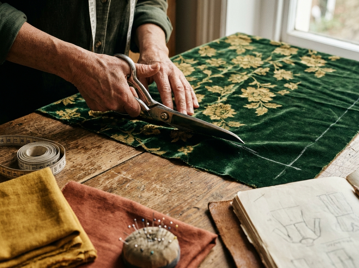Gros plan sur les mains expertes d'une tapissière découpant du velours floral avec des ciseaux professionnels sur une table de découpe en bois dans un atelier