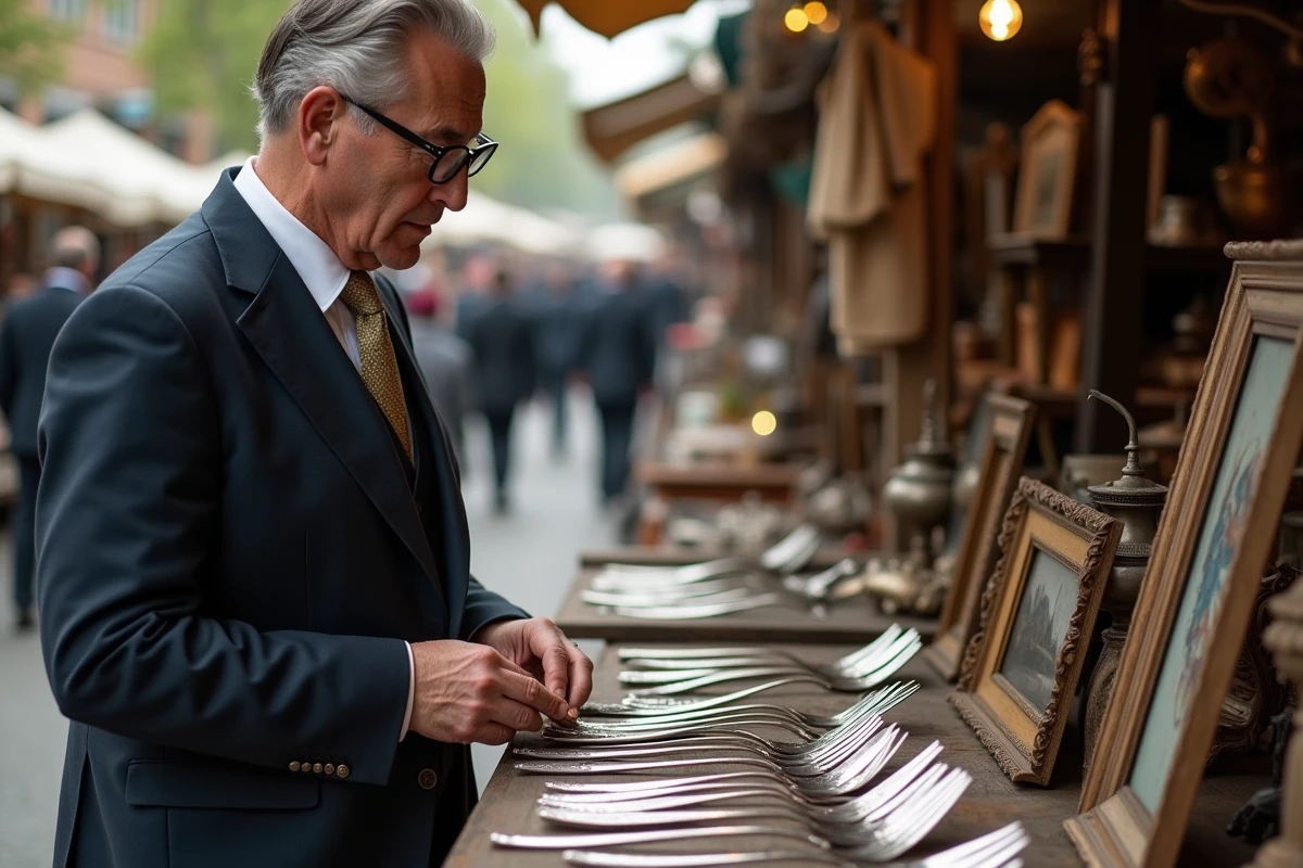 Homme inspectant des couverts en argent lors d