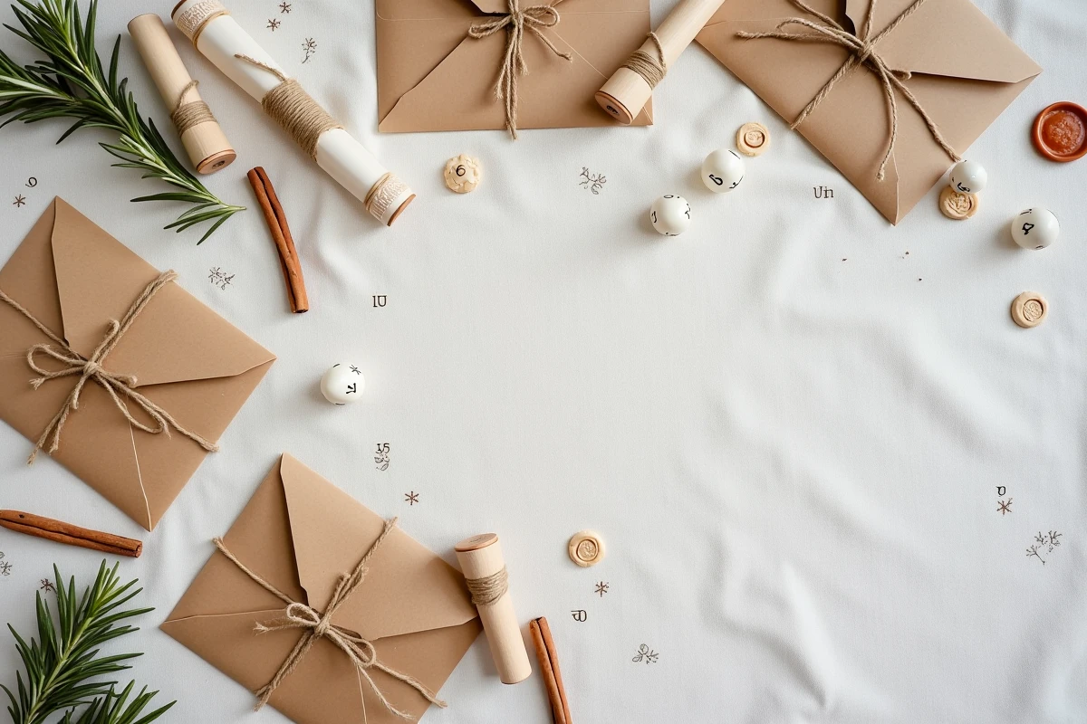Vue de dessus des matériaux pour créer un calendrier de l'avent artisanal : enveloppes kraft, ficelle de jute, tampons en bois et épices sur nappe en lin blanc