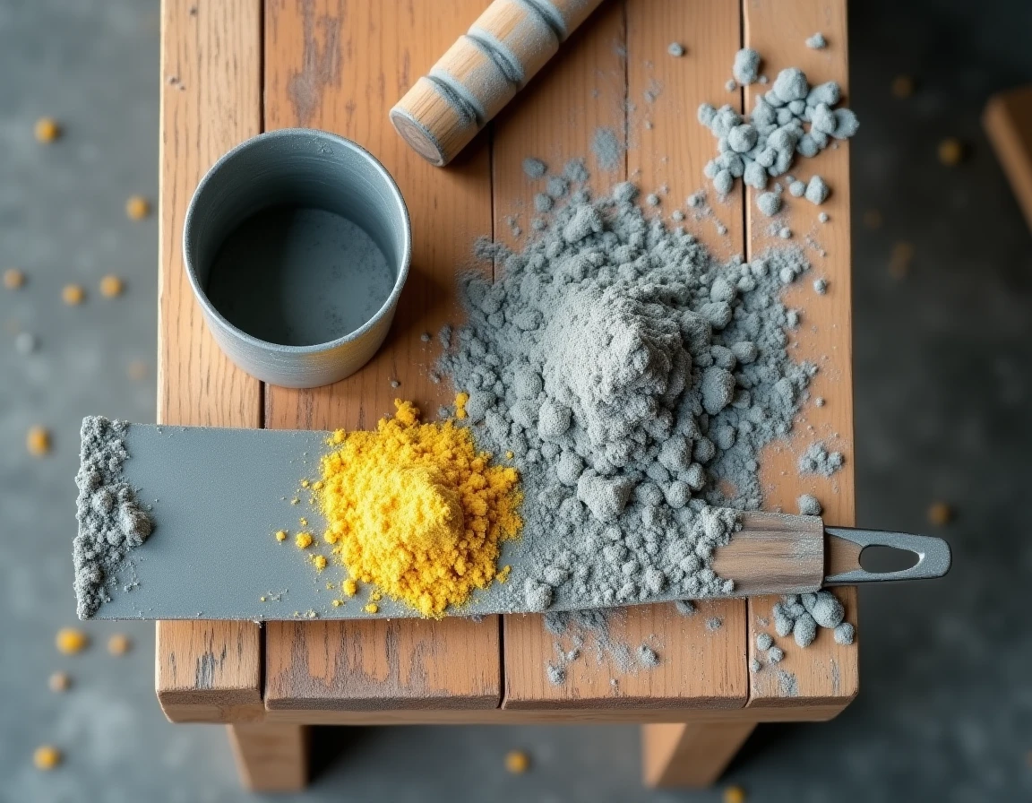 Matériaux de dosage pour mortier sable ciment posés sur un établi de chantier avec truelle et récipient de mesure