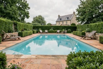 Vue d'ensemble d'une piscine résidentielle dans un jardin normand typique de la Seine-Maritime