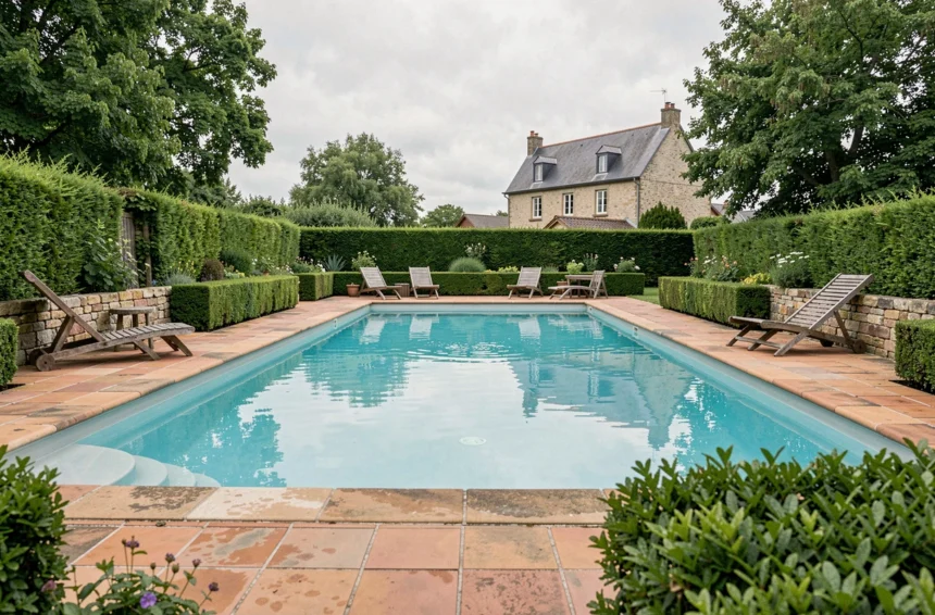 Vue d'ensemble d'une piscine résidentielle dans un jardin normand typique de la Seine-Maritime