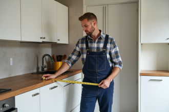 Menuisier en uniforme mesurant une cuisine moderne