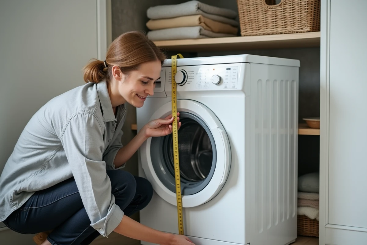 Femme mesurant la hauteur d'une machine à laver avec un mètre ruban dans une buanderie avec étagères Ikea