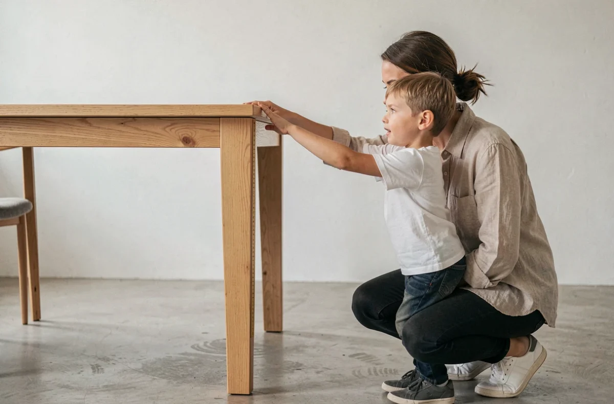 Mère mesurant la hauteur d'une table à manger avec son enfant pour trouver le bon ajustement ergonomique