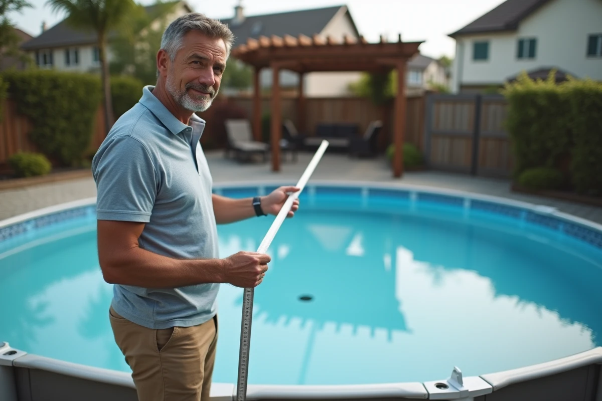 Homme mesurant la surface d'une piscine hors sol de plus de 10m2 dans un jardin résidentiel