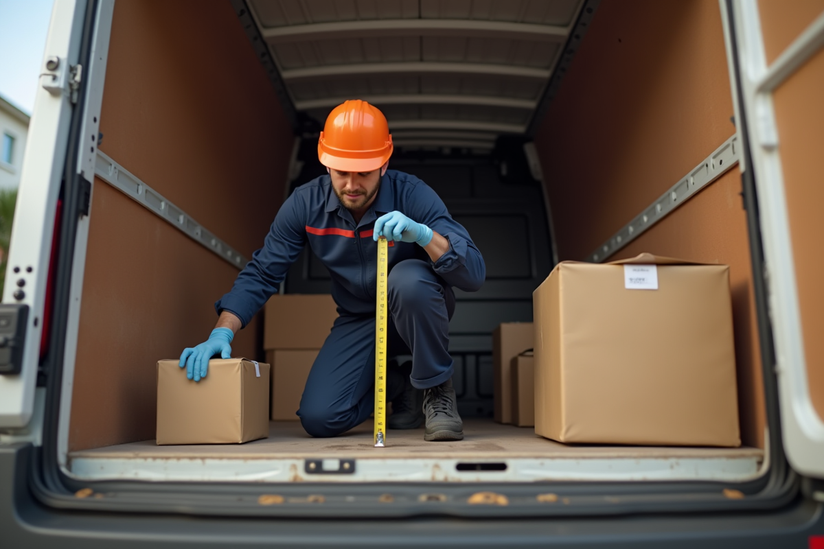 Professionnel mesurant l interieur d une camionnette vide