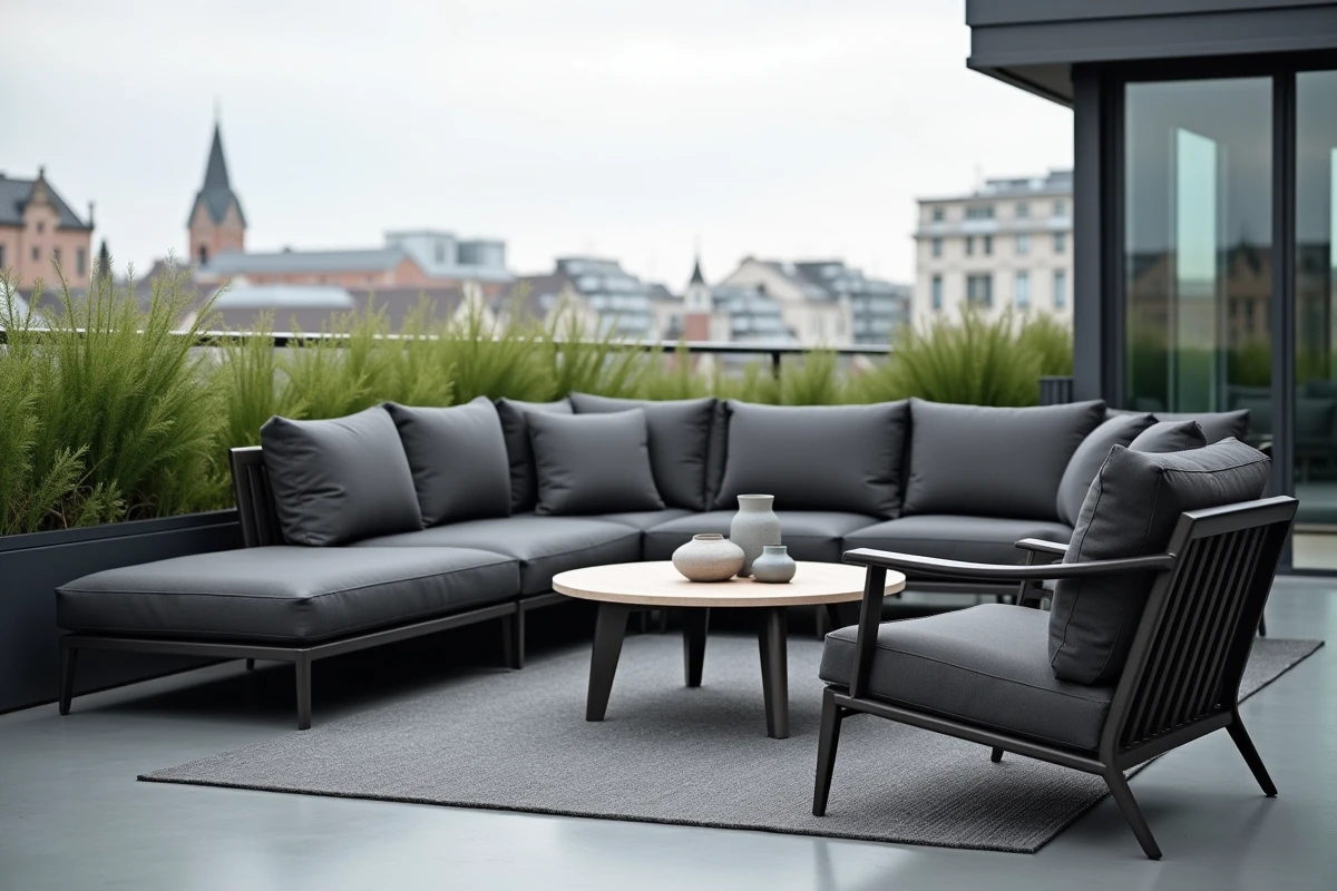 Mobilier extérieur en toile enduite anthracite sur une terrasse urbaine moderne illustrant les tendances 2026