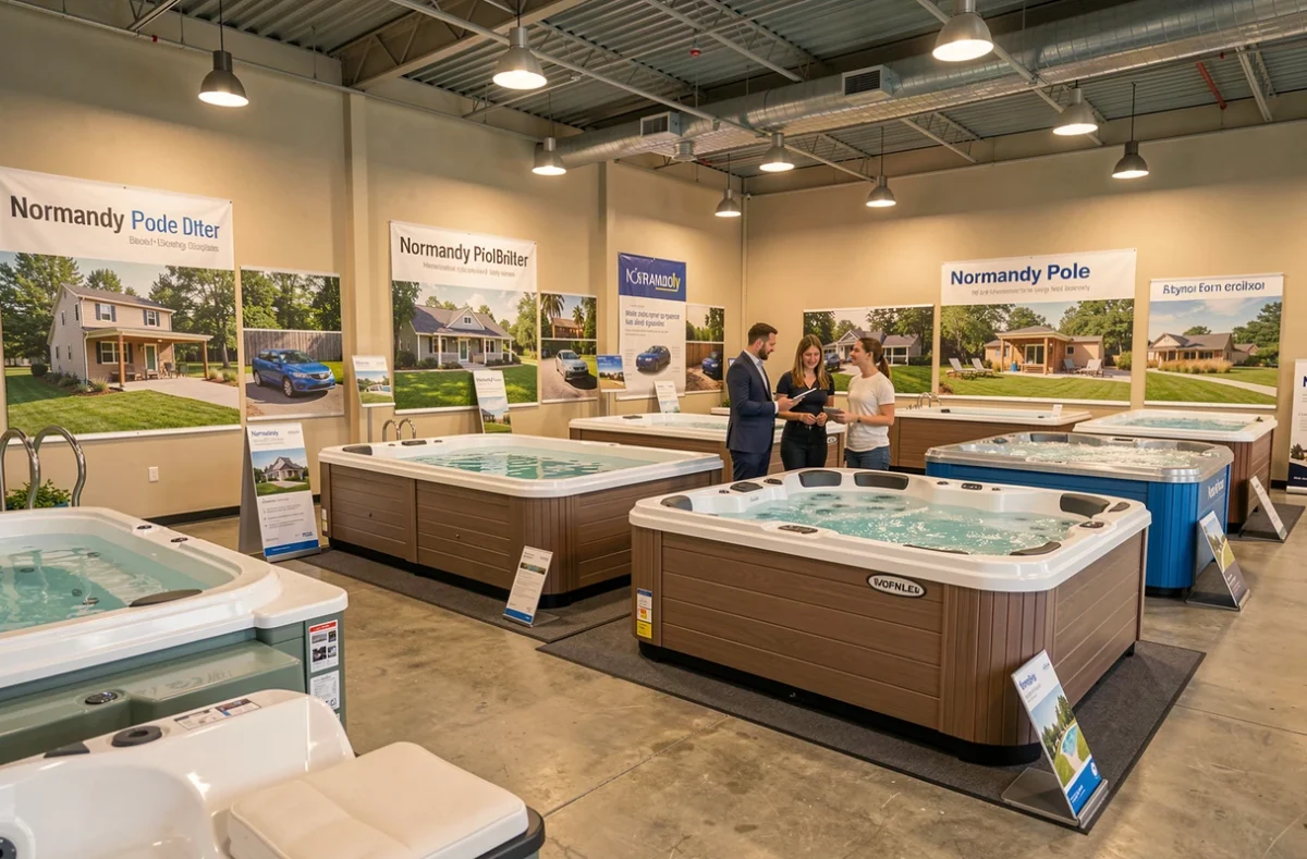 Showroom intérieur de Mondial Piscine Normandie avec modèles exposés et conseiller recevant des clients