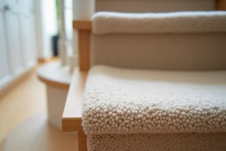 Pose de moquette sur marche d'escalier sans barre de seuil visible, détail de la fixation sous la contremarche en bois clair