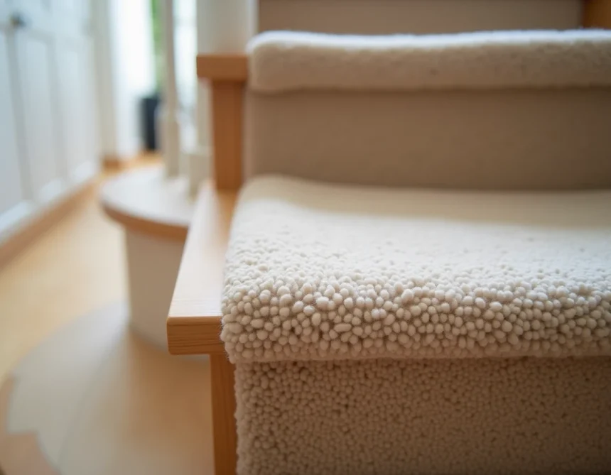 Pose de moquette sur marche d'escalier sans barre de seuil visible, détail de la fixation sous la contremarche en bois clair