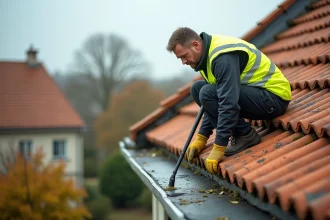 Professionnel utilisant un nettoyeur haute pression Karcher sur le faîtage d'un toit en tuiles couvert de mousse