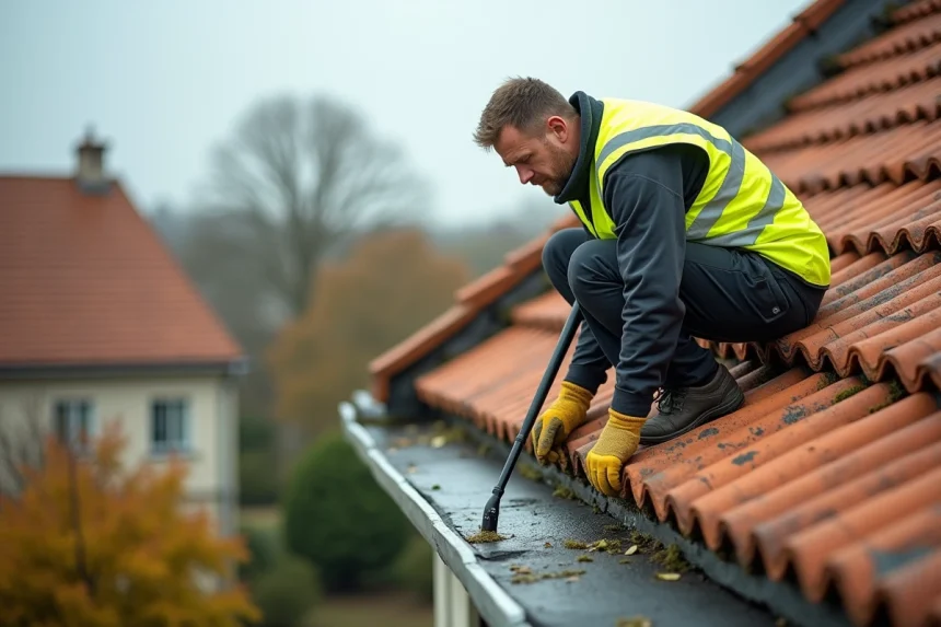 Professionnel utilisant un nettoyeur haute pression Karcher sur le faîtage d'un toit en tuiles couvert de mousse