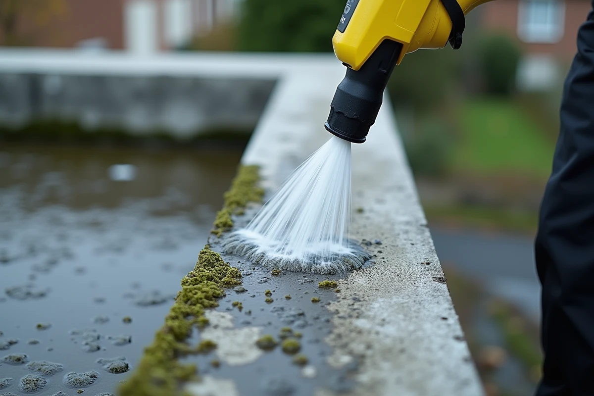 Gros plan d'un jet Karcher nettoyant les rives d'un toit en béton recouvertes d'algues et de lichens