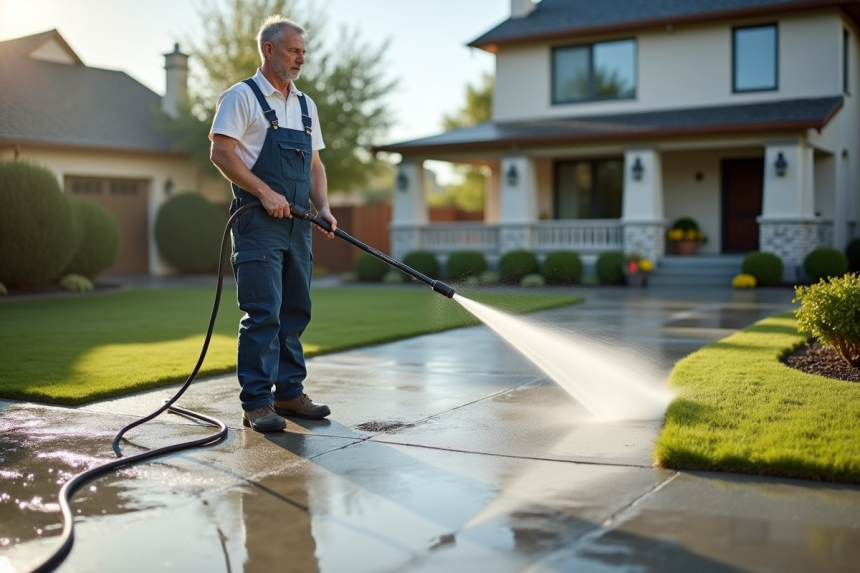 Homme en overalls nettoyant une allée résidentielle à la jetée