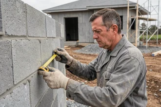 Ouvrier mesurant des parpaings sur un chantier de construction de maison individuelle