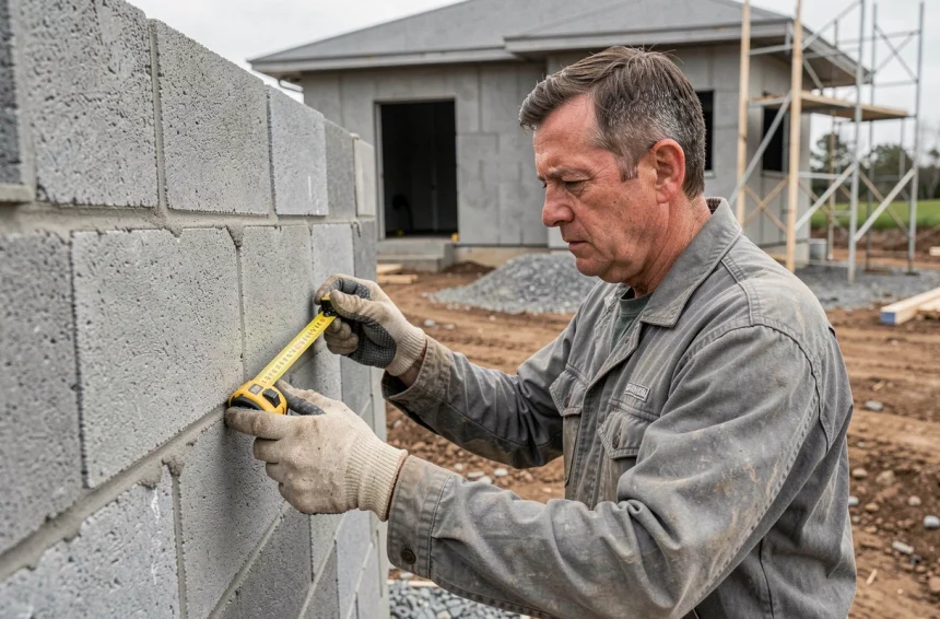 Ouvrier mesurant des parpaings sur un chantier de construction de maison individuelle