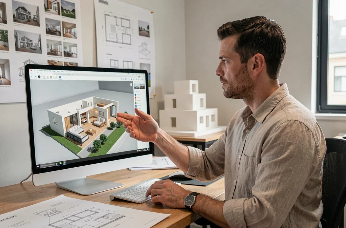 Concepteur de P3D Concept travaillant sur un modèle 3D de décoration intérieure devant un écran dans un studio créatif