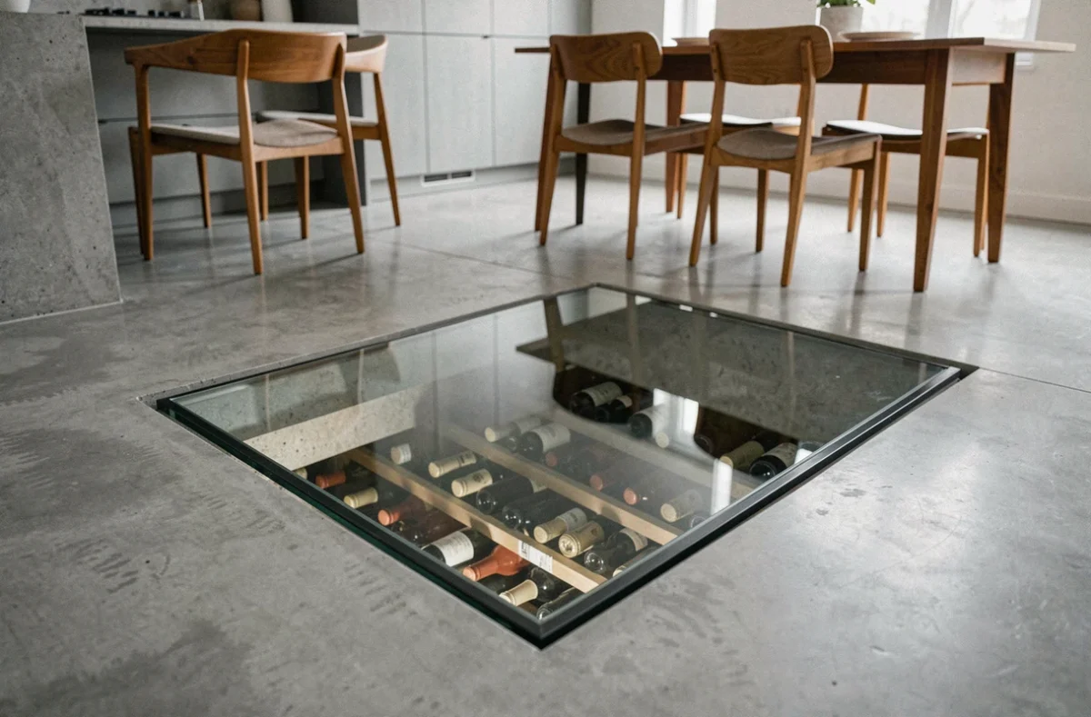 Panneau de verre transparent pour cave à vin intégrée dans un sol en béton ciré de cuisine moderne