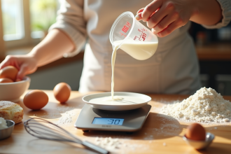 Les mains d'un boulanger versant du lait sur une balance dans la cuisine