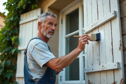 Artisan appliquant de la peinture blanche sur des volets en bois extérieur d'une maison en pierre