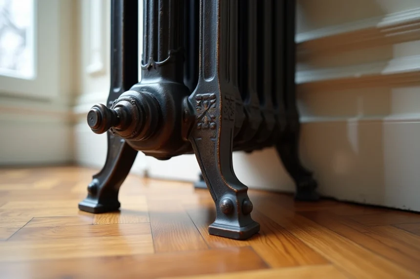 Pied de radiateur en fonte posé sur un plancher chauffant en parquet chêne dans un appartement haussmannien
