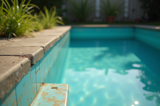 Piscine abandonnée avec carrelage fané et herbes hautes
