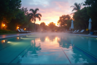 Piscine extérieure au lever du soleil avec brume matinale