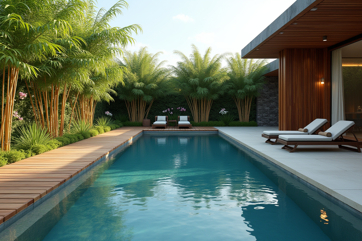 Piscine avec deck en bois et écrans de bambou pour l