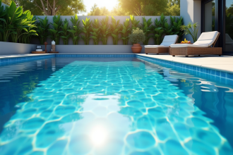Piscine moderne avec eau bleue brillante et plantes vertes