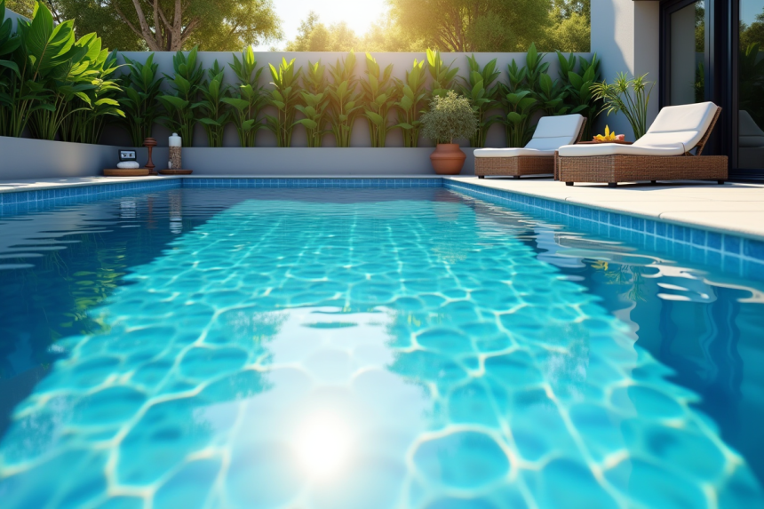 Piscine moderne avec eau bleue brillante et plantes vertes