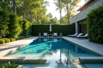 Piscine moderne dans un jardin avec murs en pierre et haies vertes