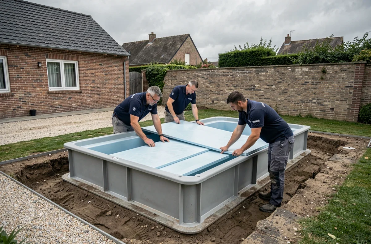 Équipe de Piscines Desjoyaux Rouen installant un système de piscine modulaire dans un jardin de banlieue rouennais